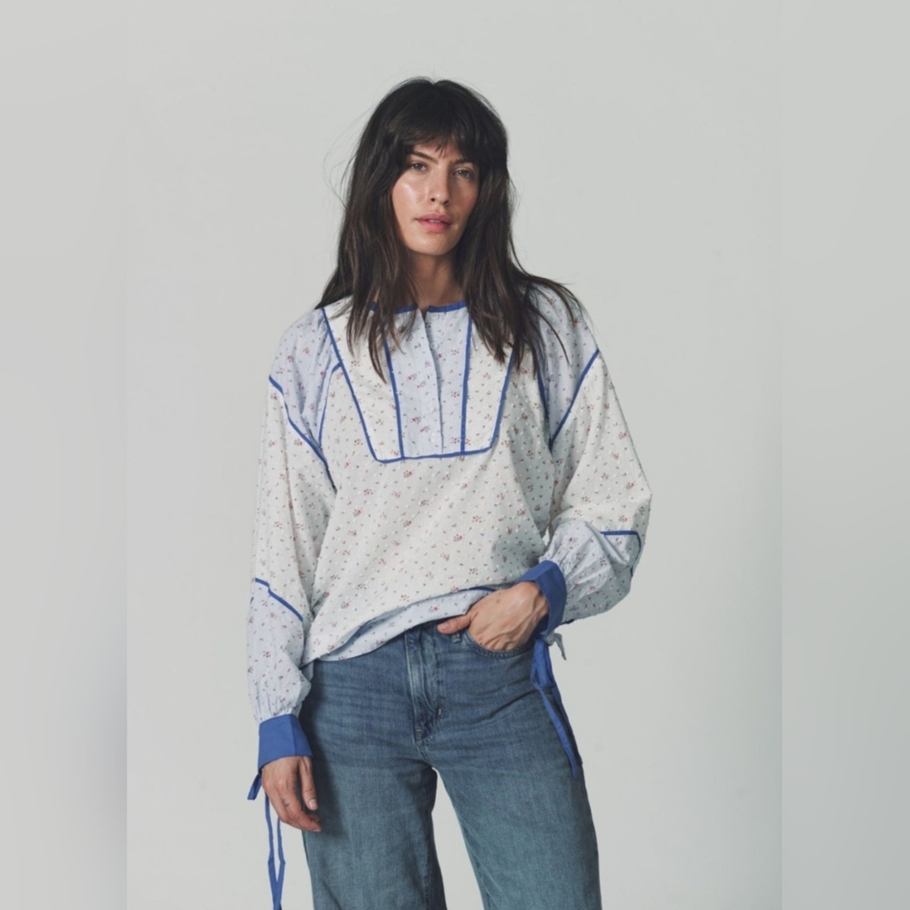 NWT The Shirt Rochelle Behrens The Rebecca Cottagecore Shirt White Blue Large